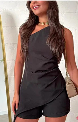 Casual Skew Collar Two-Piece Set – Trendy Off-Shoulder Top & Slim Shorts for Women