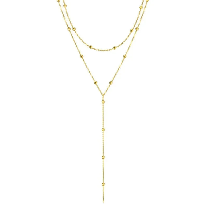 LATS Gold Double Layered Tassel Chain Necklace – Geometric Bead Choker for Women