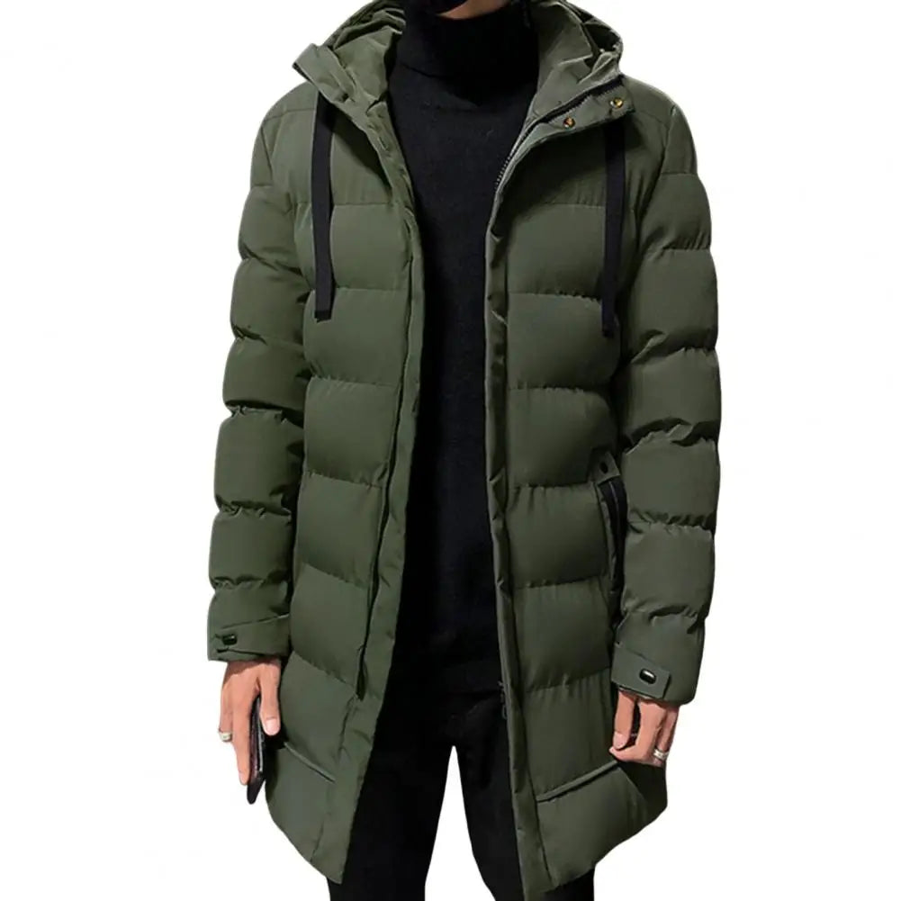 Men's Long Down Jacket – Winter Cotton-Padded Hooded Windbreaker