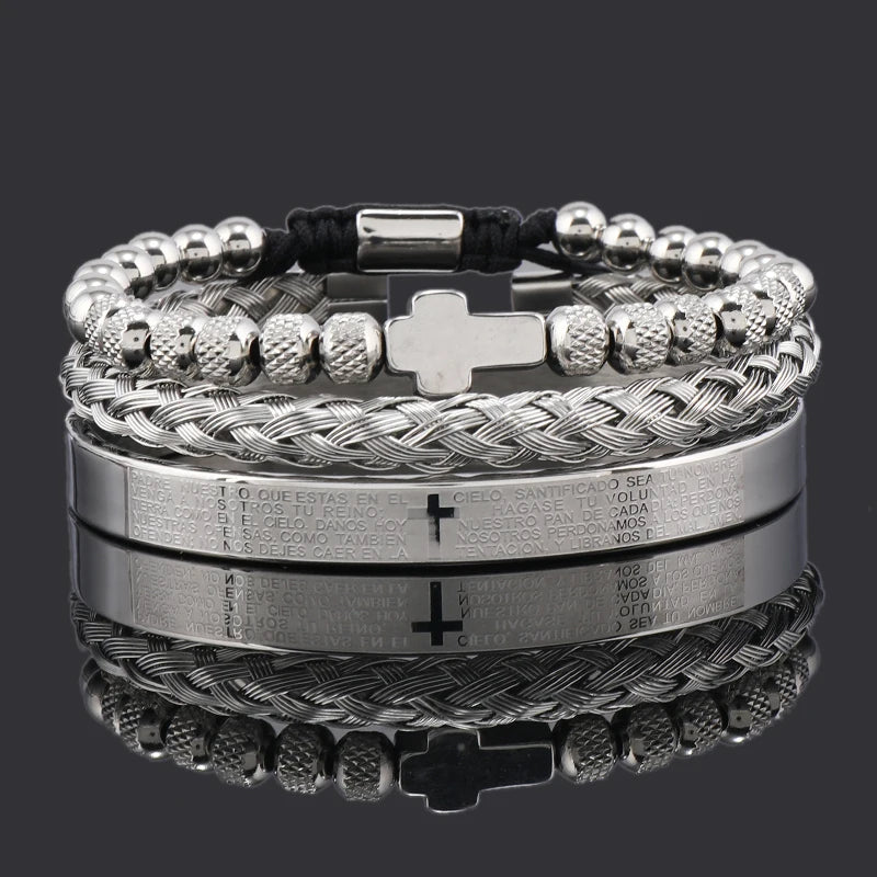 Luxury Stainless Steel Beaded Cross Bracelet – Elegant Religious Jewelry Gift