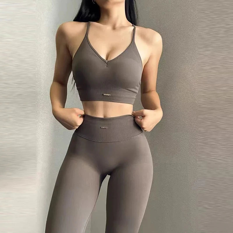 Women's V-Neck Fitness Yoga Set – High-Waisted Leggings & Sports Bra