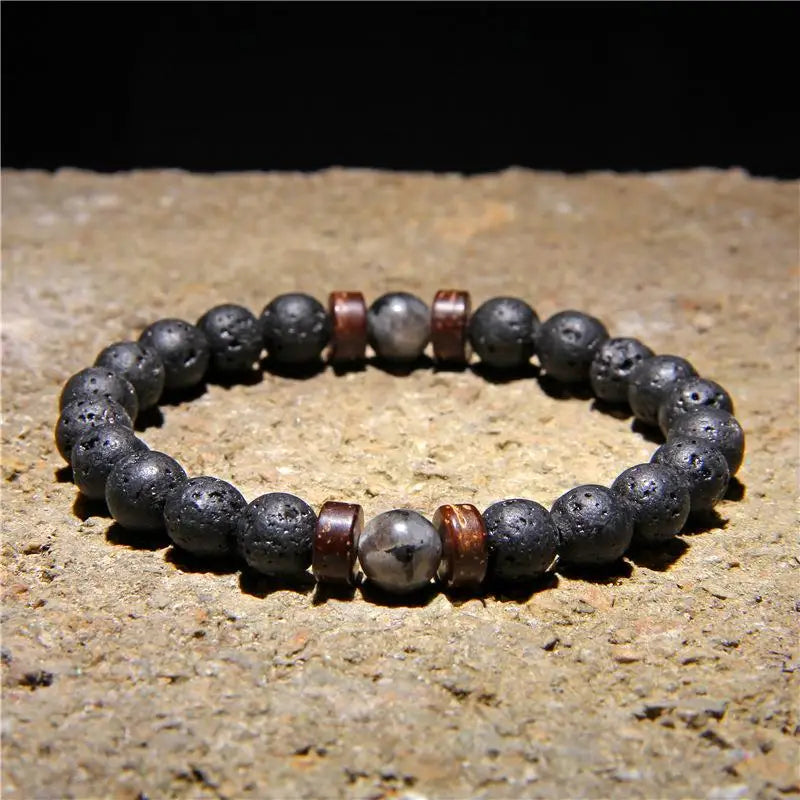 Retro Volcanic Stone & Wooden Beads Bracelet – Timeless Tibetan Buddha Wrist Chain