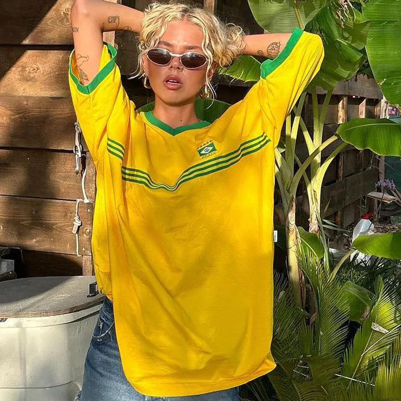 Brazil Embroidery Yellow T-shirt – Casual Oversized Y2K Summer Top for Women