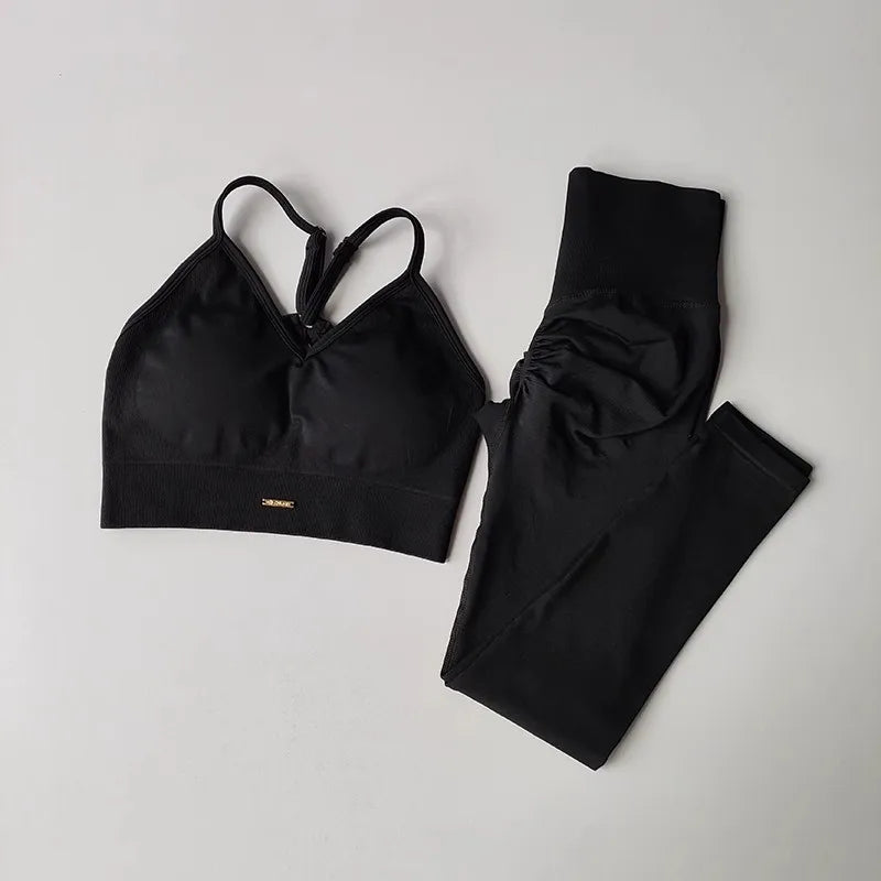 Women's V-Neck Fitness Yoga Set – High-Waisted Leggings & Sports Bra